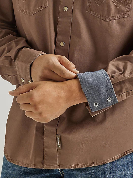 WRANGLER RETRO PREMIUM LONG SLEEVE CAMEL BROWN SNAP SHIRT