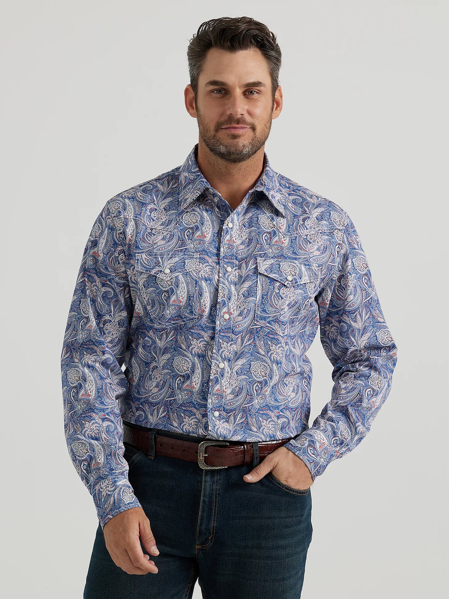 WRANGLER 20X COMPETITION ADVANCED COMFORT DAMASK BLUE LONG SLEEVESNAP SHIRT