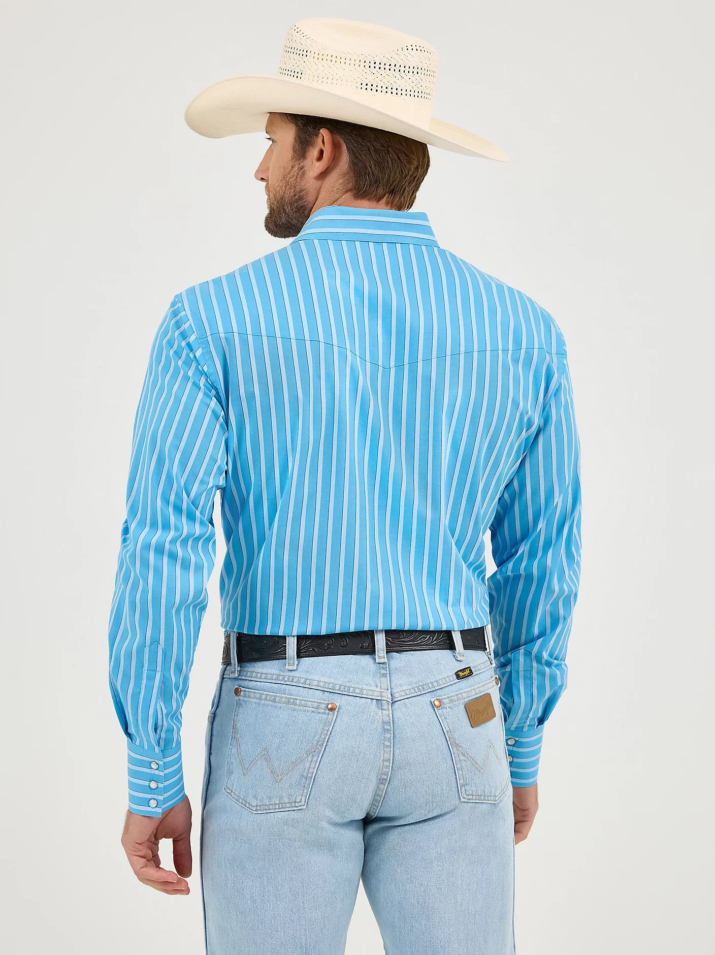 Wrinkle Resist Steely Blue Long Sleeve Western Snap Stripe Shirt