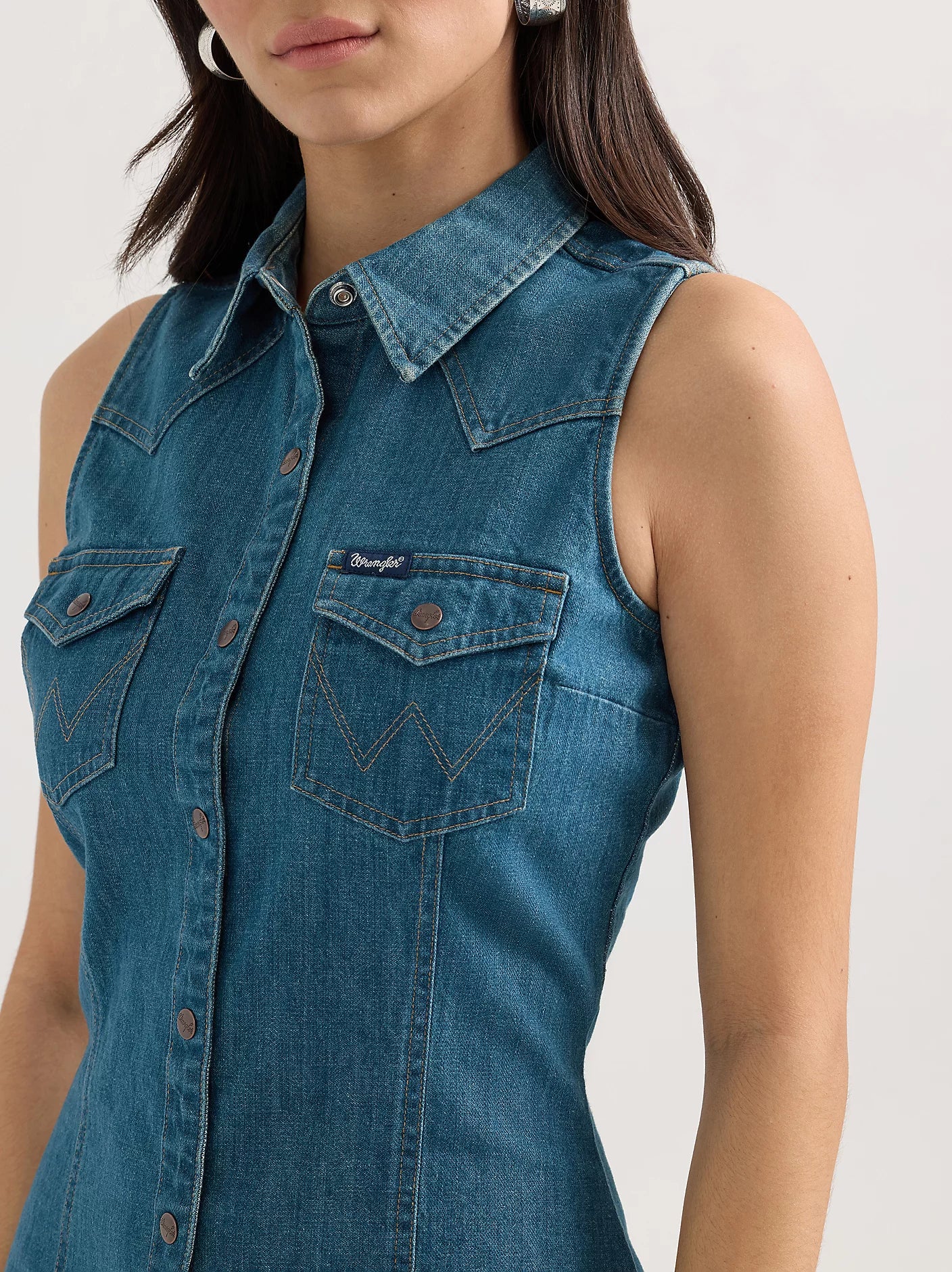 Wrangler Dark Wash Sleeveless Western Snap Shirt Dress