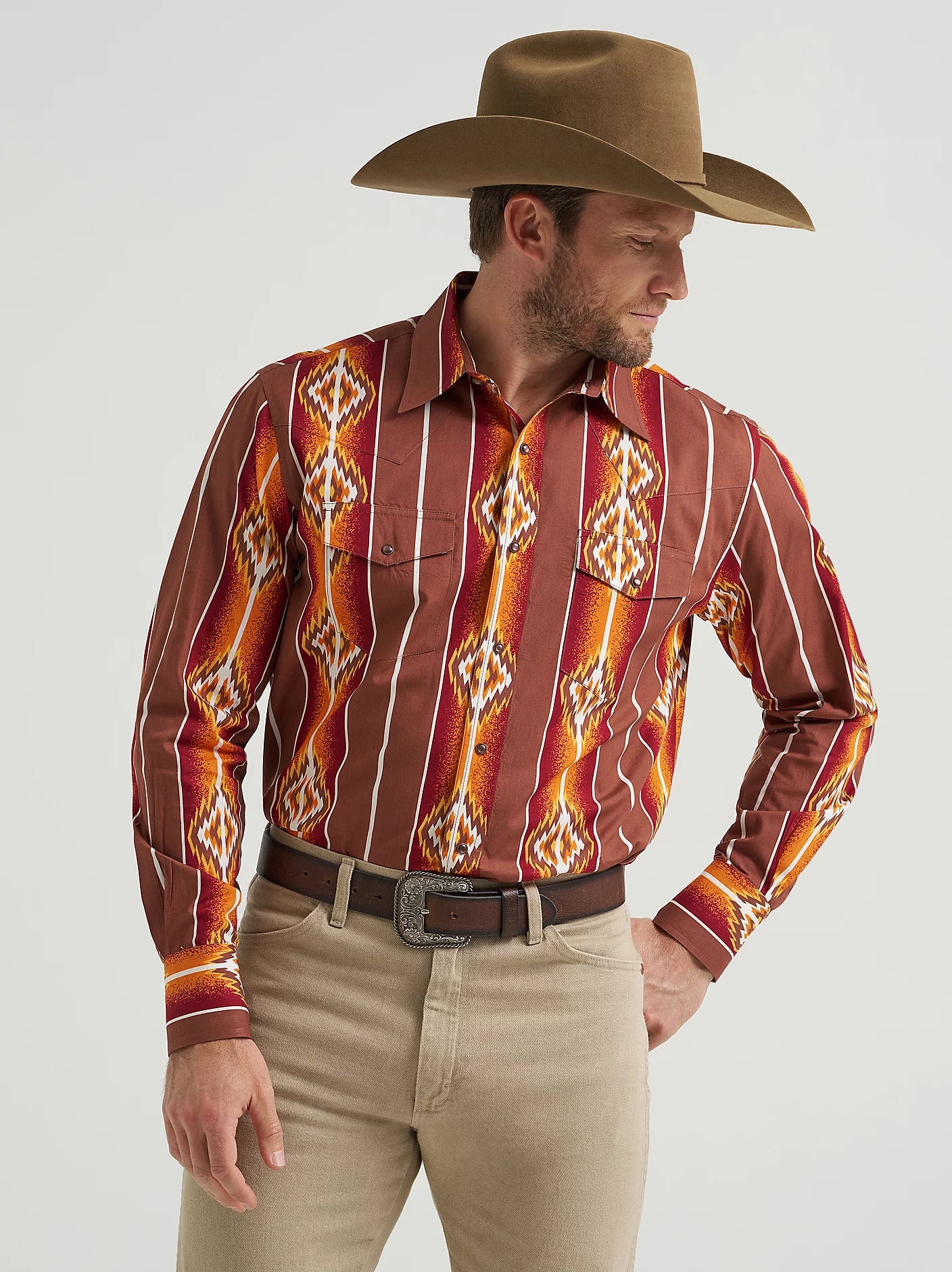 Wrangler Men's Checotah Sunset Orange Long Sleeve Snap Shirt