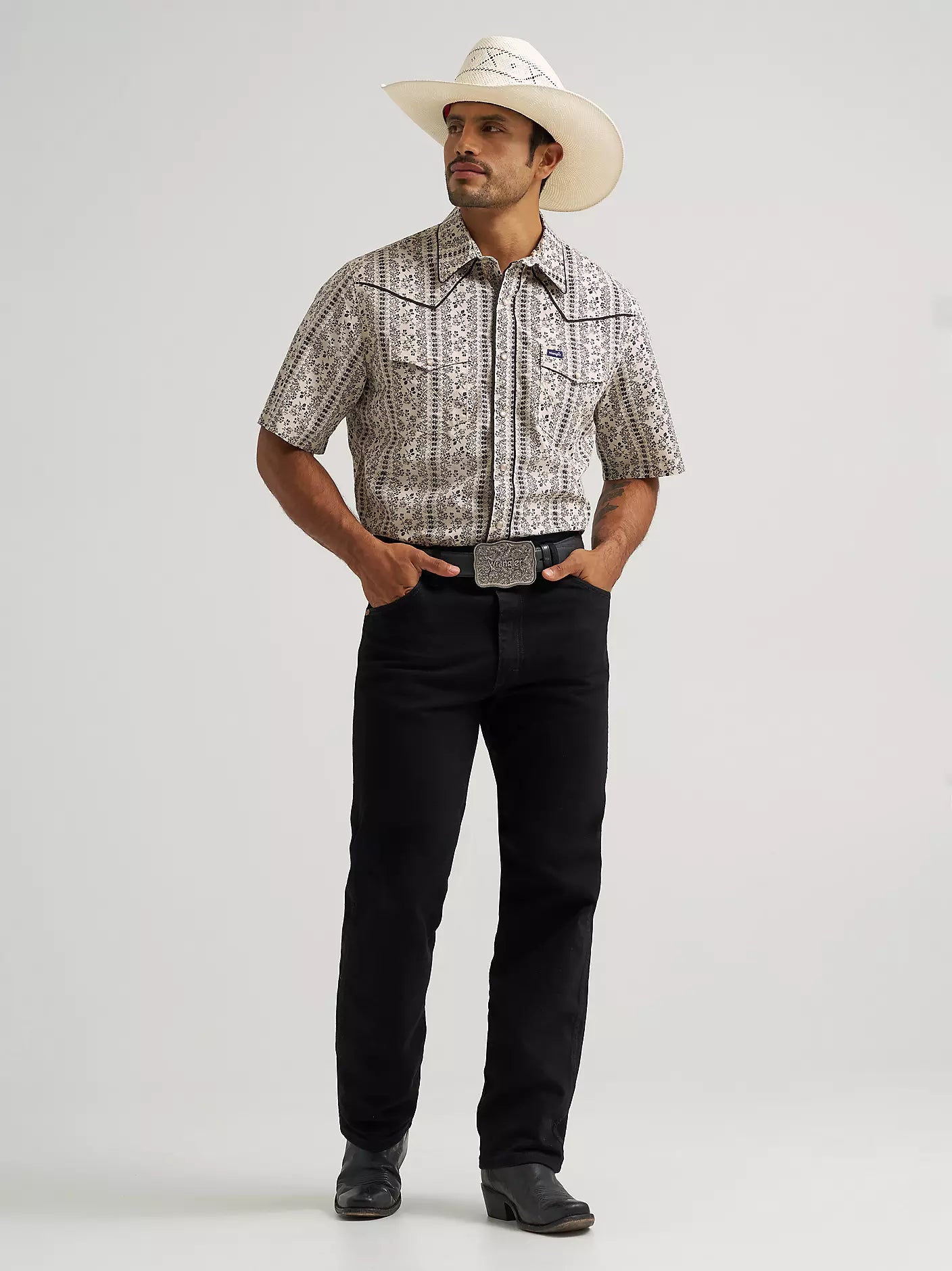 Wrangler Ecru Vintage-Inspired Piped Printed Western Snap Shirt
