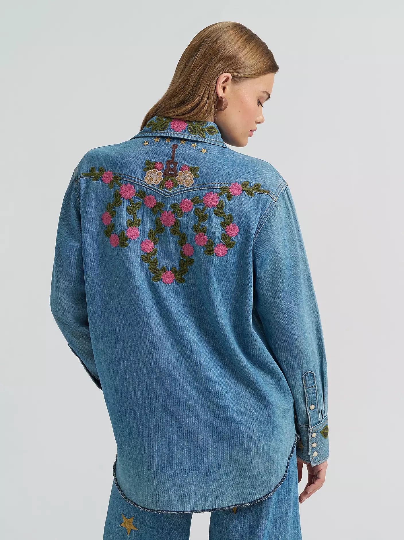 Lainey Wilson x Wrangler Embroidered Medium Wash Denim Shirt