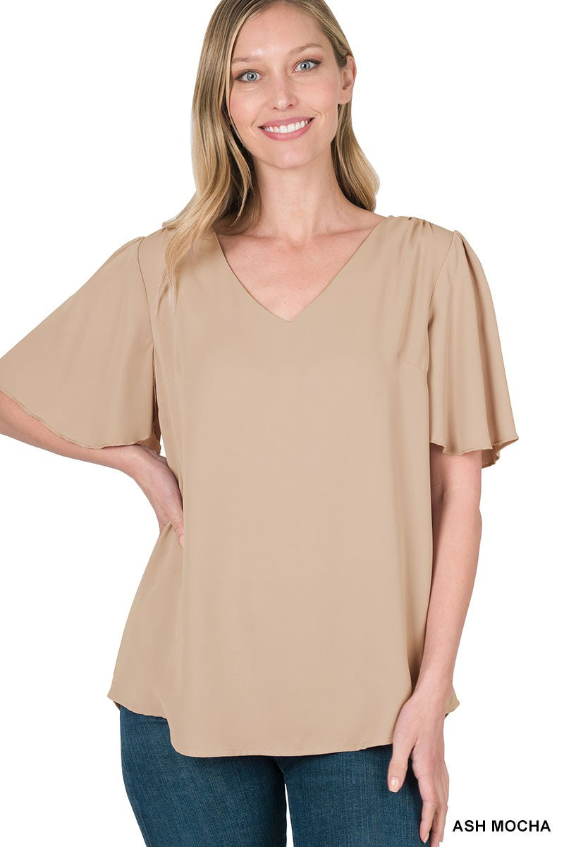 WOVEN ASH MOCHA WATERFALL SLEEVE V-NECK TOP