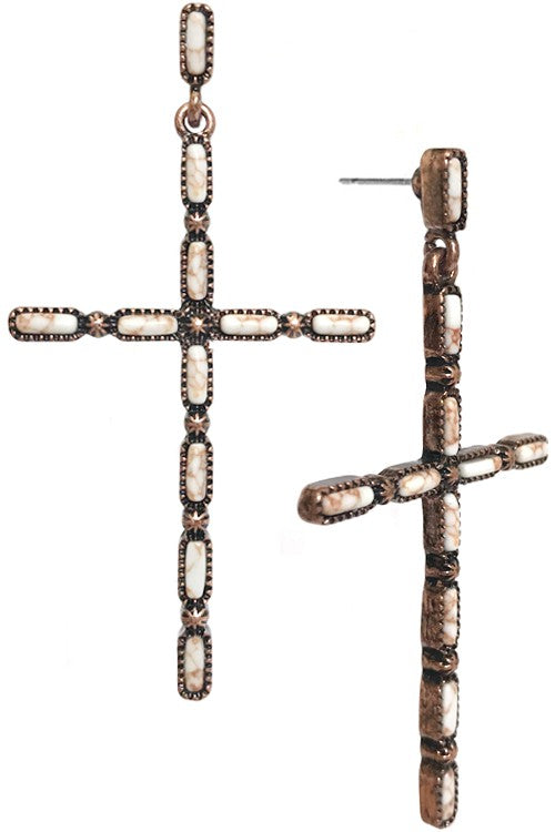 WESTERN CONCHO CROSS GEMSTONE DANGLING EARRING