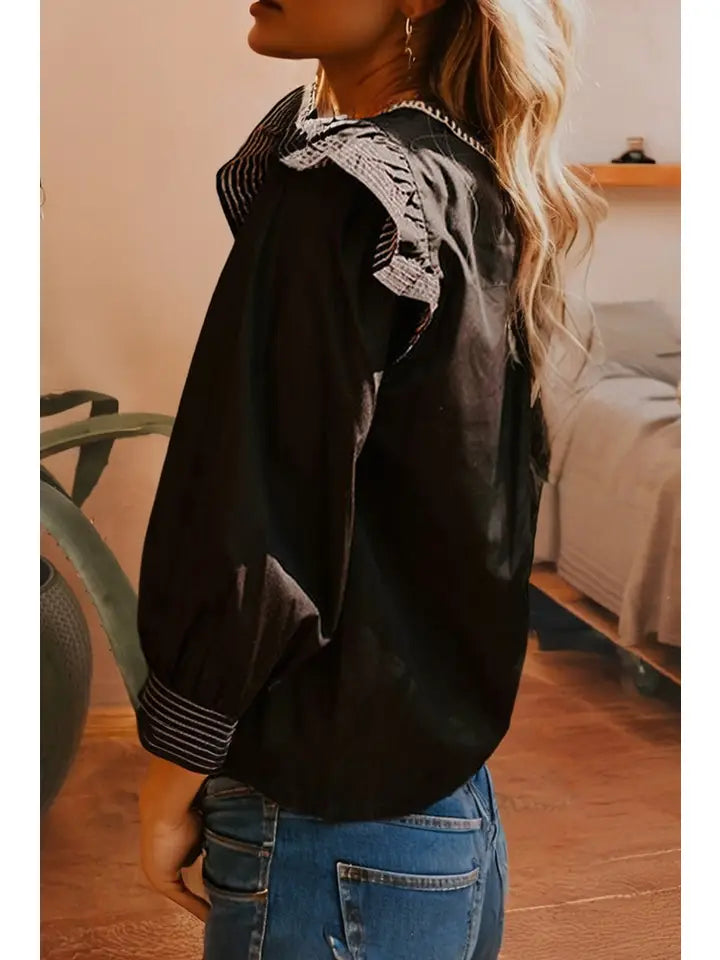 Stitched Detail V Neck Ruffle Long Sleeve Blouse