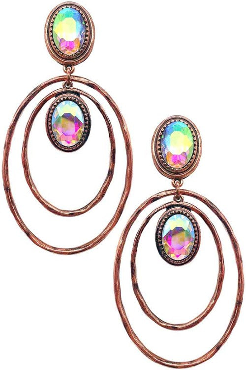 HAMMERED TEXTURE OVAL SHAPE RING CRYSTAL EARRING