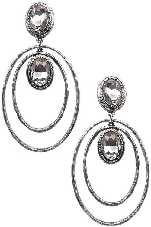 HAMMERED TEXTURE OVAL SHAPE RING CRYSTAL EARRING