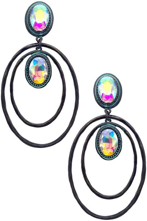 HAMMERED TEXTURE OVAL SHAPE RING CRYSTAL EARRING