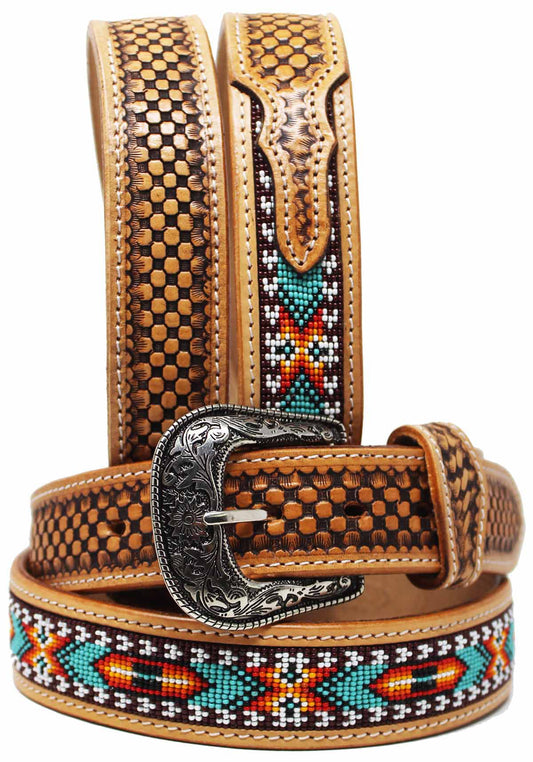 Western Floral Tooled Beaded Full-Grain Leather Belt