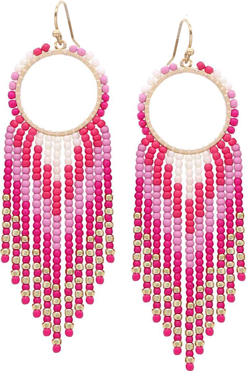 Hoop Frame Chevron Metal Seed Bead Tassel Earring