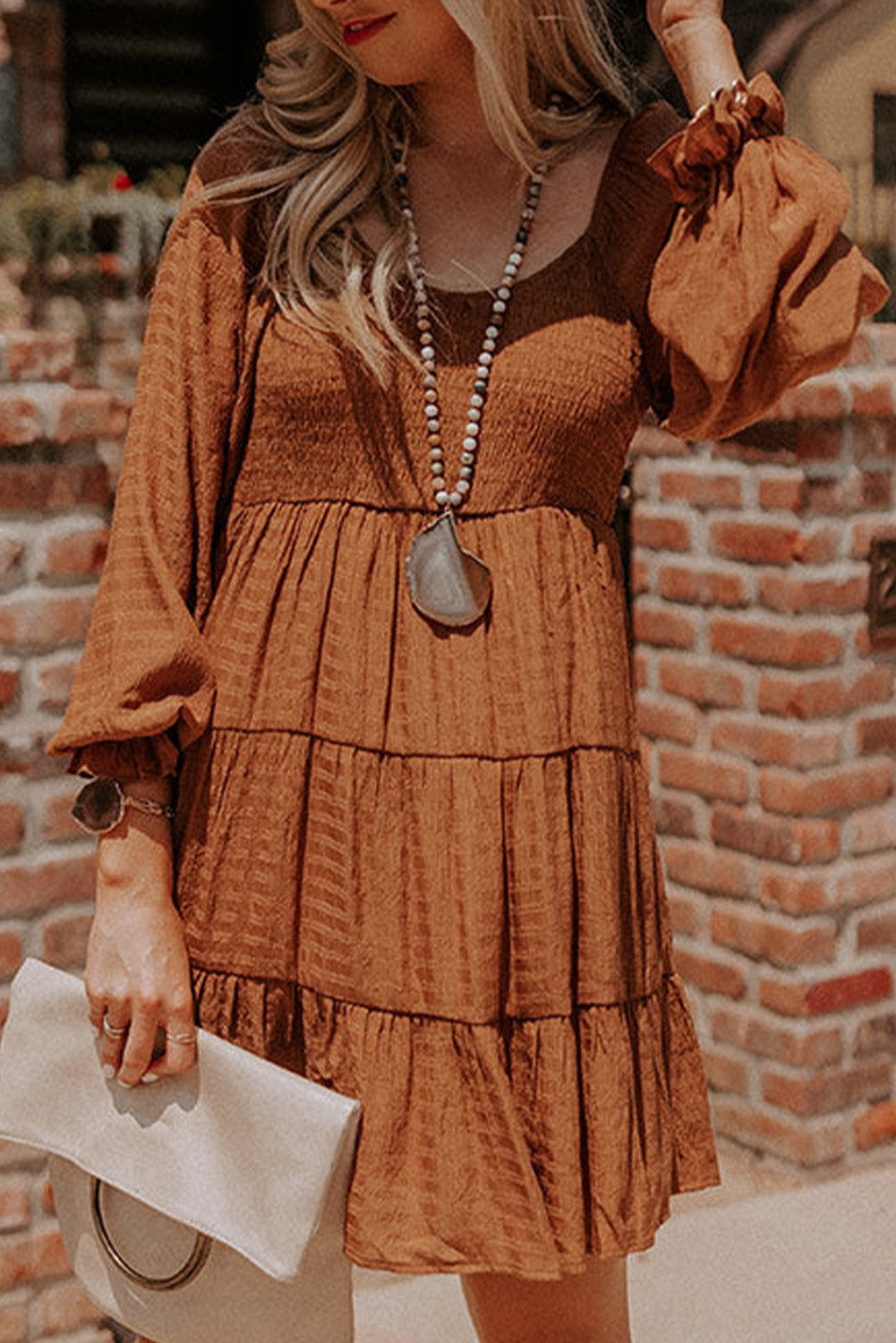 Brown Bishop Sleeve Smocked Tiered Mini Dress Corral Western Wear Brown Bishop Sleeve Smocked Tiered Mini Dress Corral Western Wear