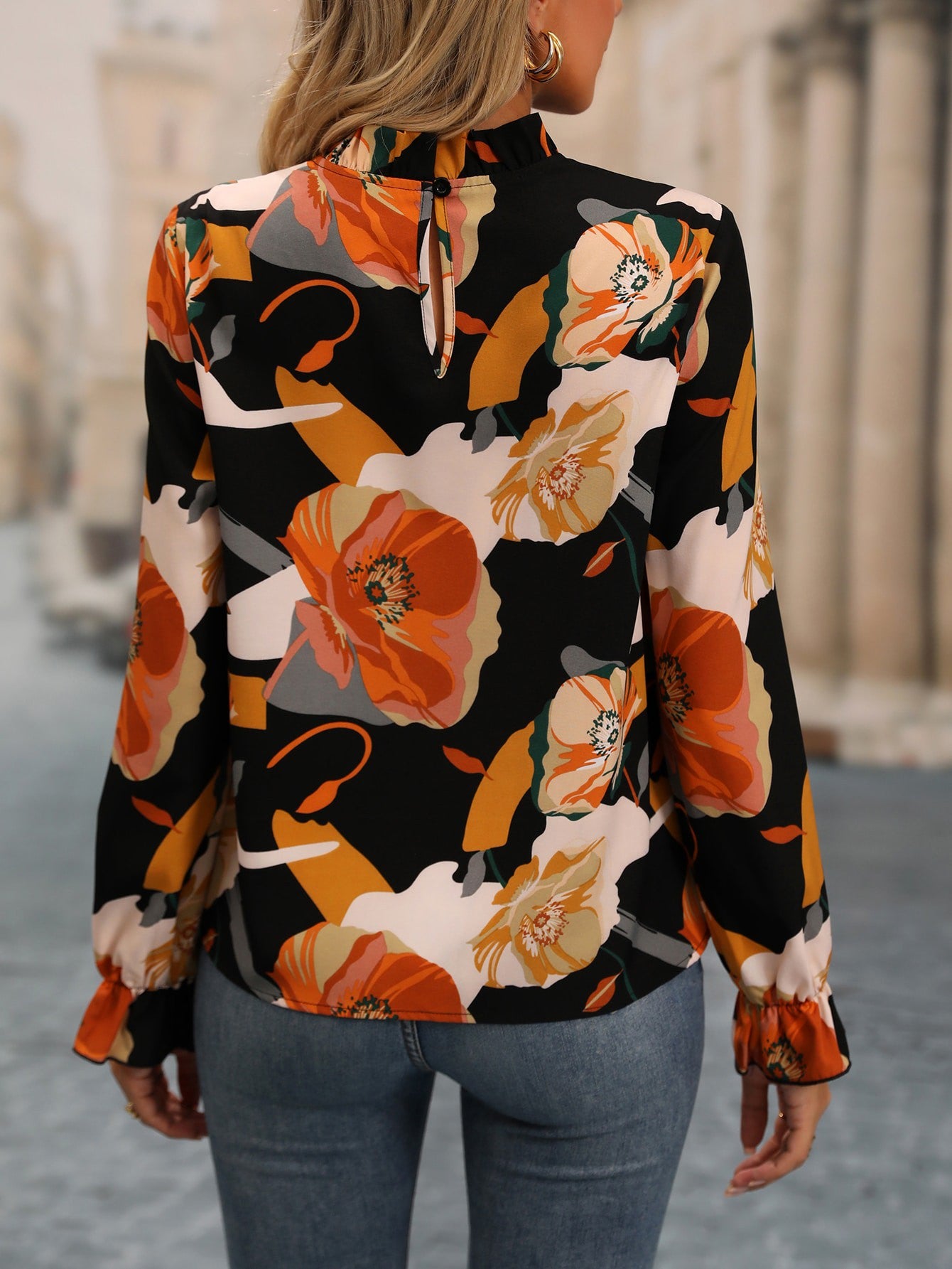 Floral Print Flounce Sleeve Blouse