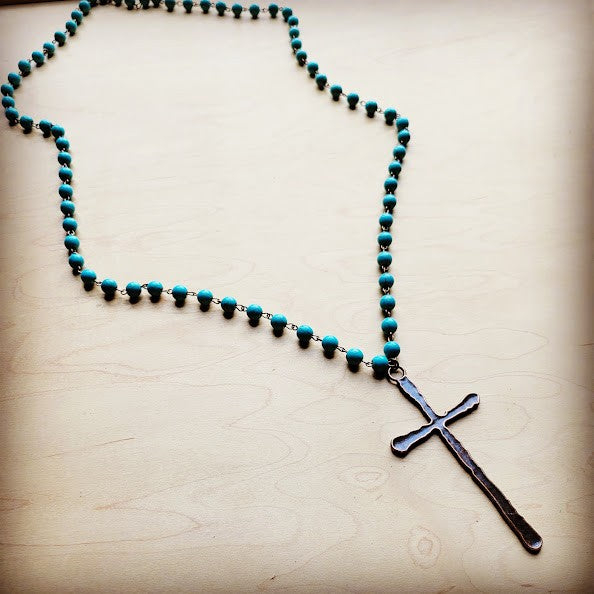 Turquoise Beaded with Antique Copper Cross Necklace