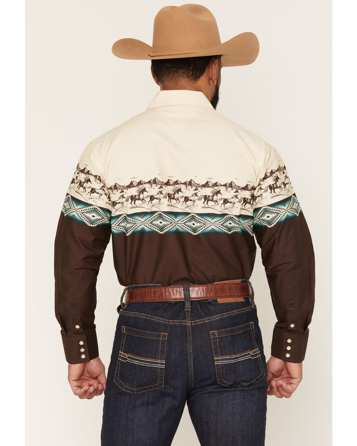 Panhandle Slim Men's Southwestern Horse Border Print Long Sleeve Pearl Snap Western Shirt