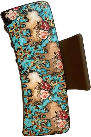 WESTERN AZTEC FLORAL COW LEATHER HAIR CLAW CLIP
