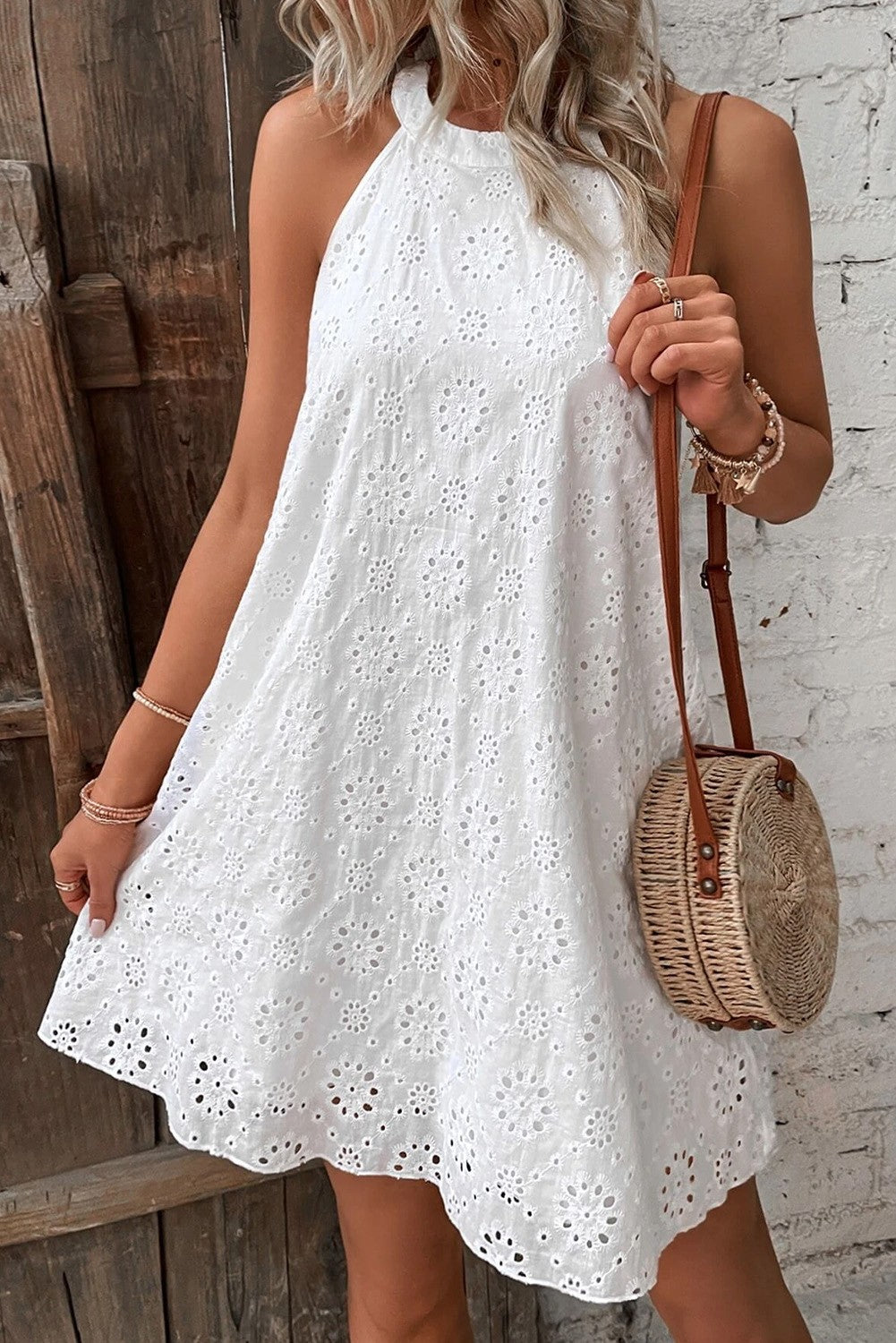 Boho Eyelet Pattern Halter Neck Sleeveless Dress