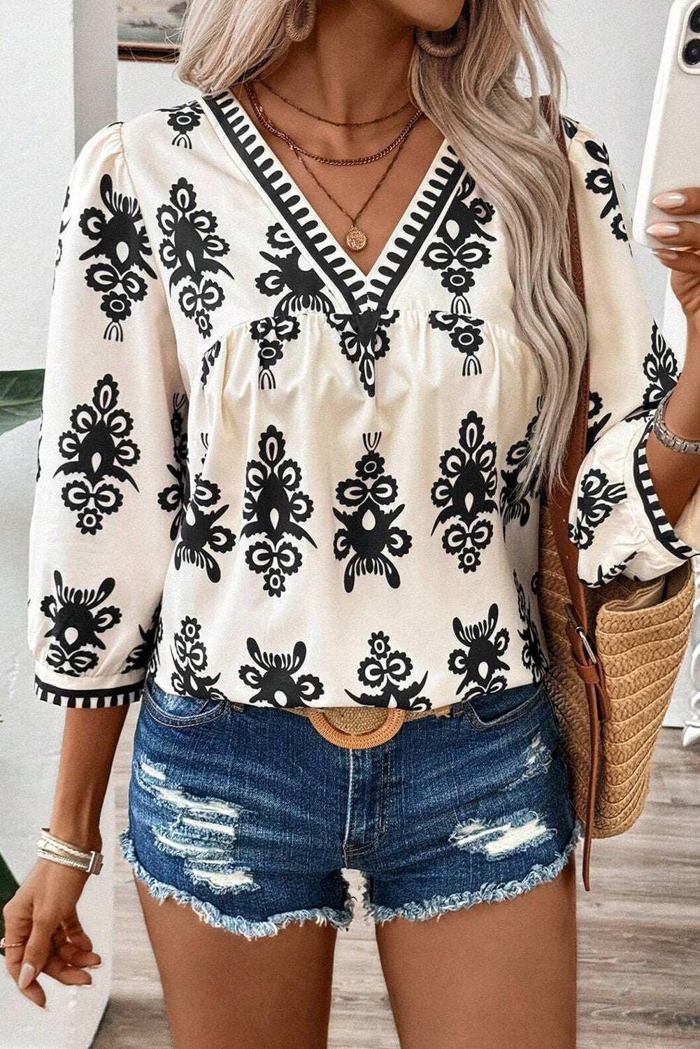 Beige Vintage Printed 3/4 Sleeve V Neck Blouse