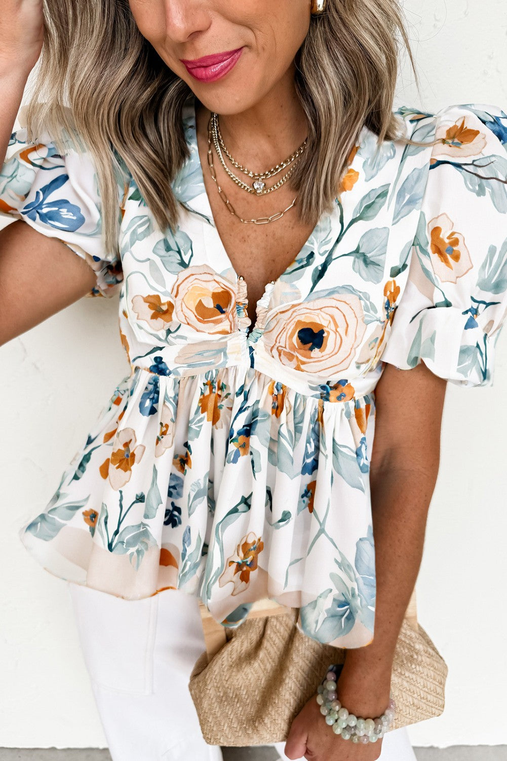 Floral Print Puff Sleeve V Neck Babydoll Blouse