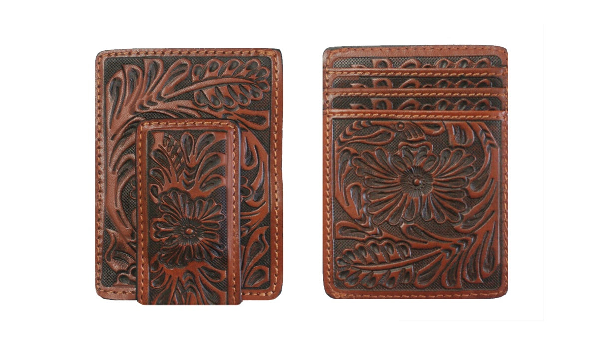 FLORAL TOOLED MAGNETIC MONEY CLIP WALLET