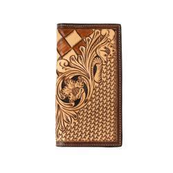 Tan Hand Tooled Floral Basket Weave and Checker Rodeo Wallet