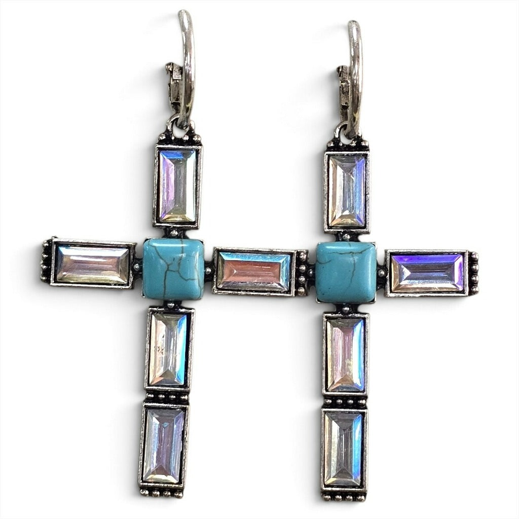 Clear Stone Turquoise Cross Earrings