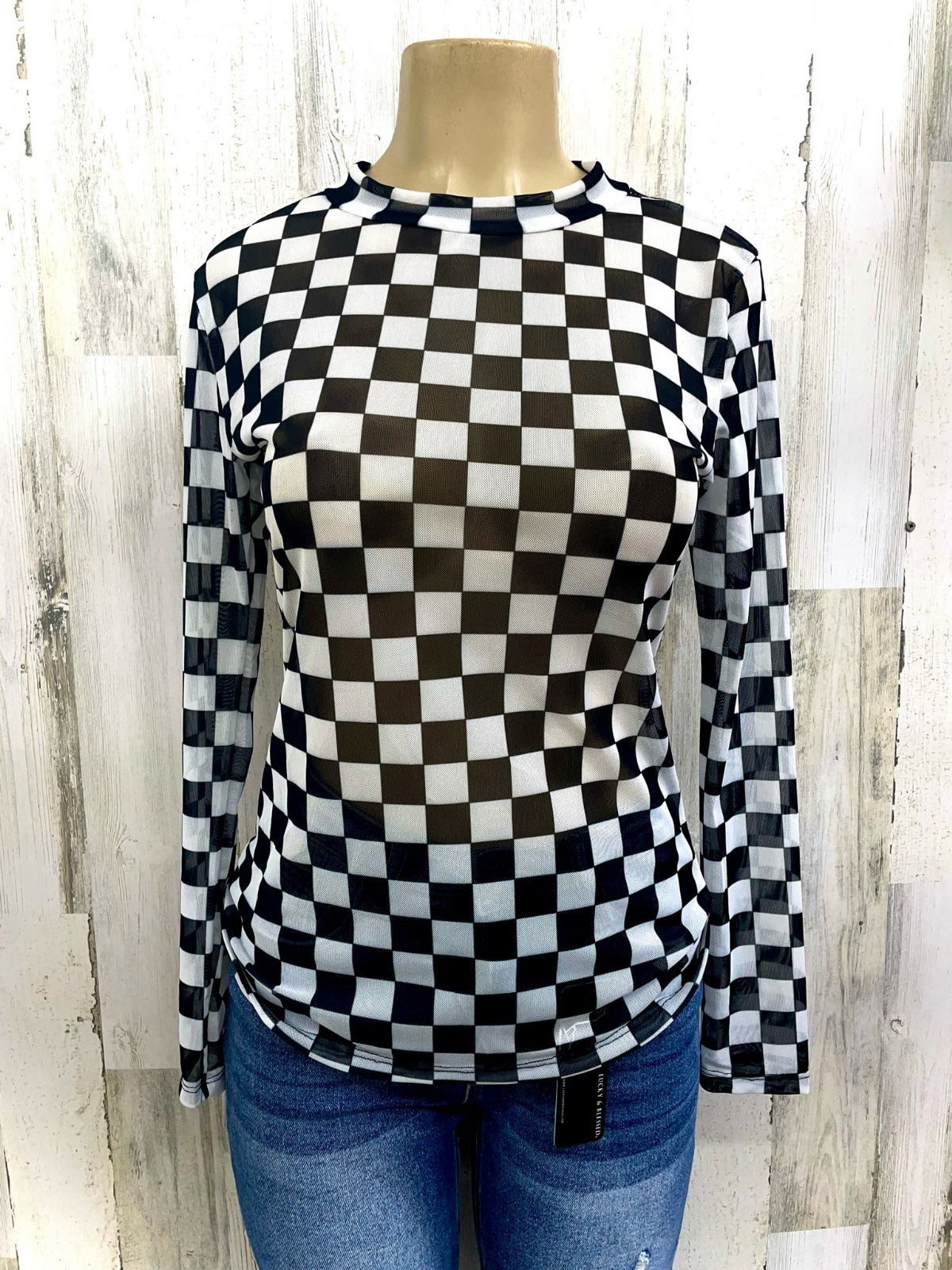 Black Checkered Printed Long Sleeve Mesh Top
