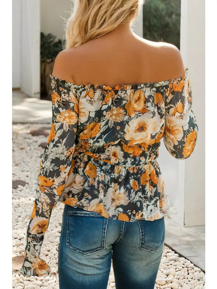 Floral Off Shoulder Bell Sleeve Smocked Peplum Top