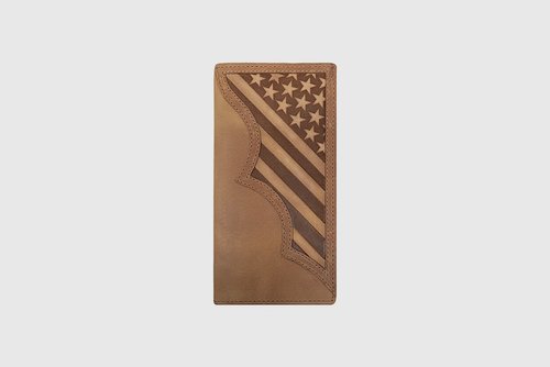 BROWN LEATHER EMBOSSED USA FLAG RODEO WALLET