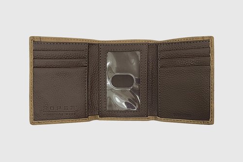 BROWN LEATHER LACED BLUE AZTEC TRIFOLD WALLET