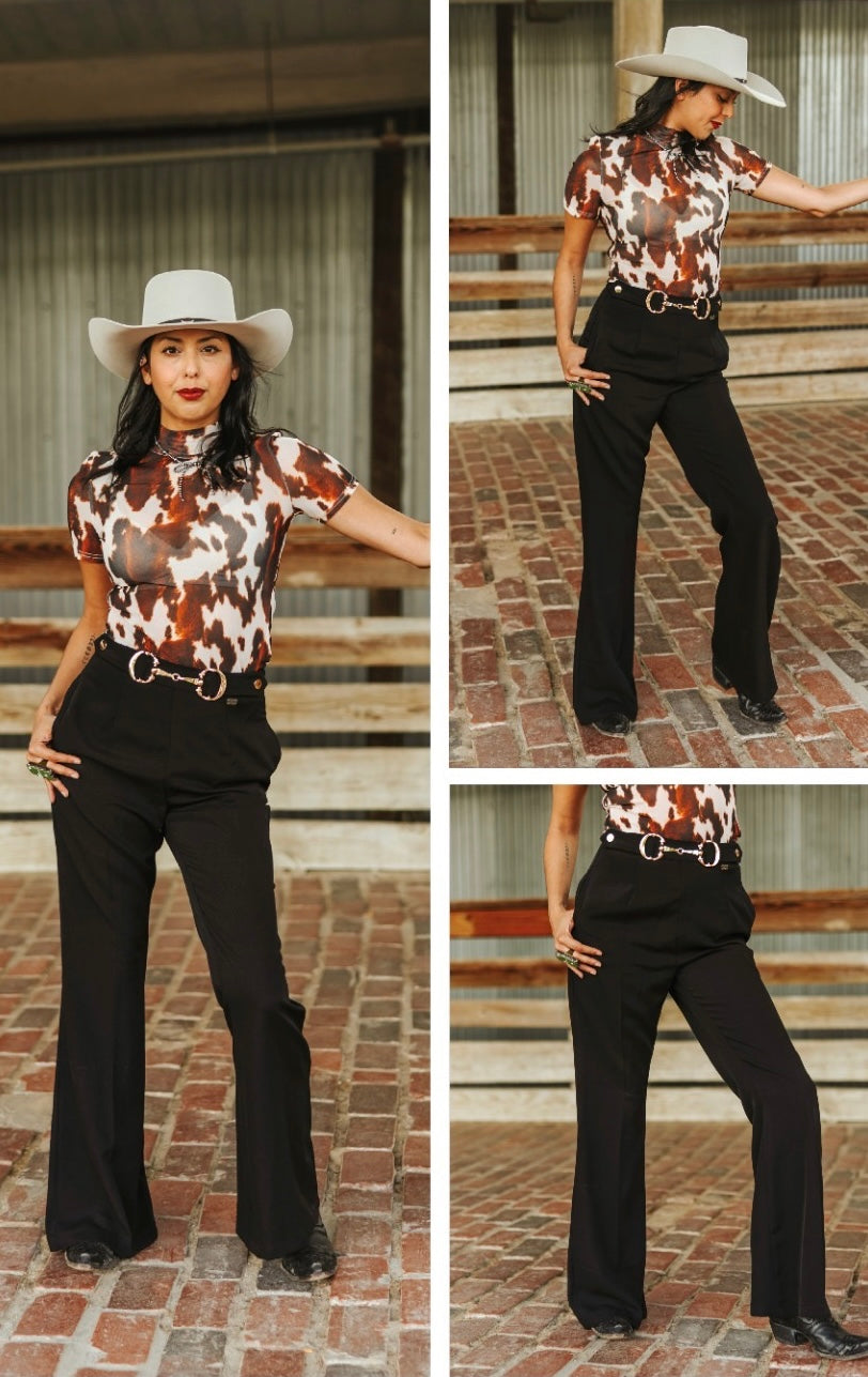 Black Straight Leg Bit Buckle Stretch Pants