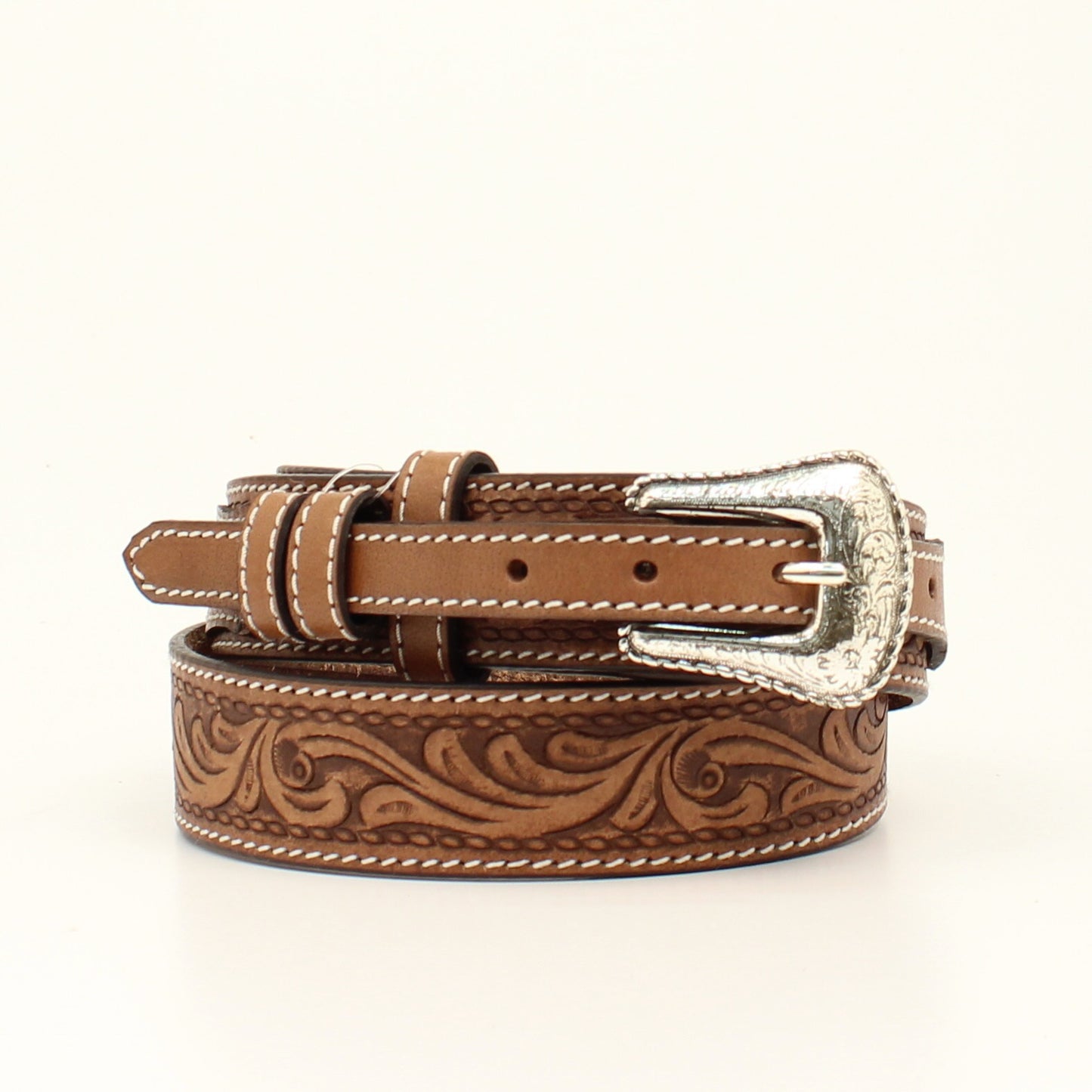 ARIAT MENS BELT 1 1/2 STITCH FLORAL TOOLED RANGER BROWN