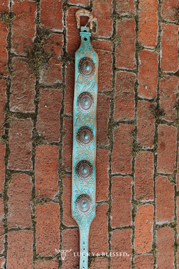 Turquoise Beige Tooled Leather Conho Wide Concho Belt