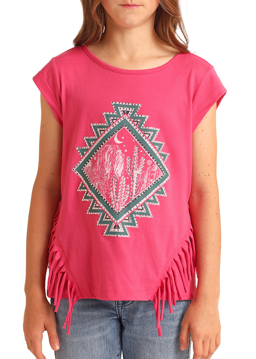 ROCK & ROLL PINK AZTEC RHINESTONE FRINGE TOP