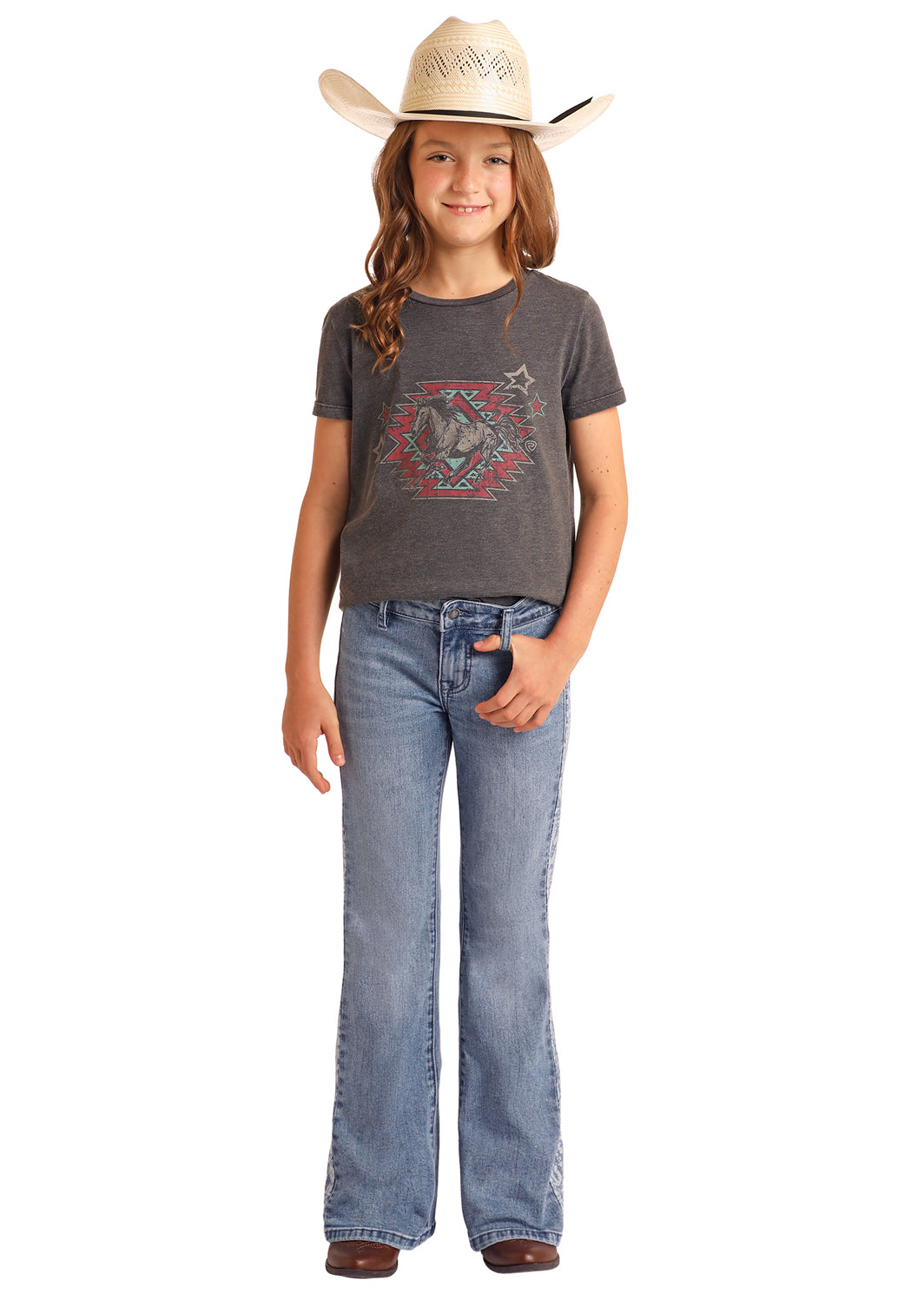 ROCK & ROLL AZTEC PANEL BUTTON MEDIUM WASH FLARE JEAN