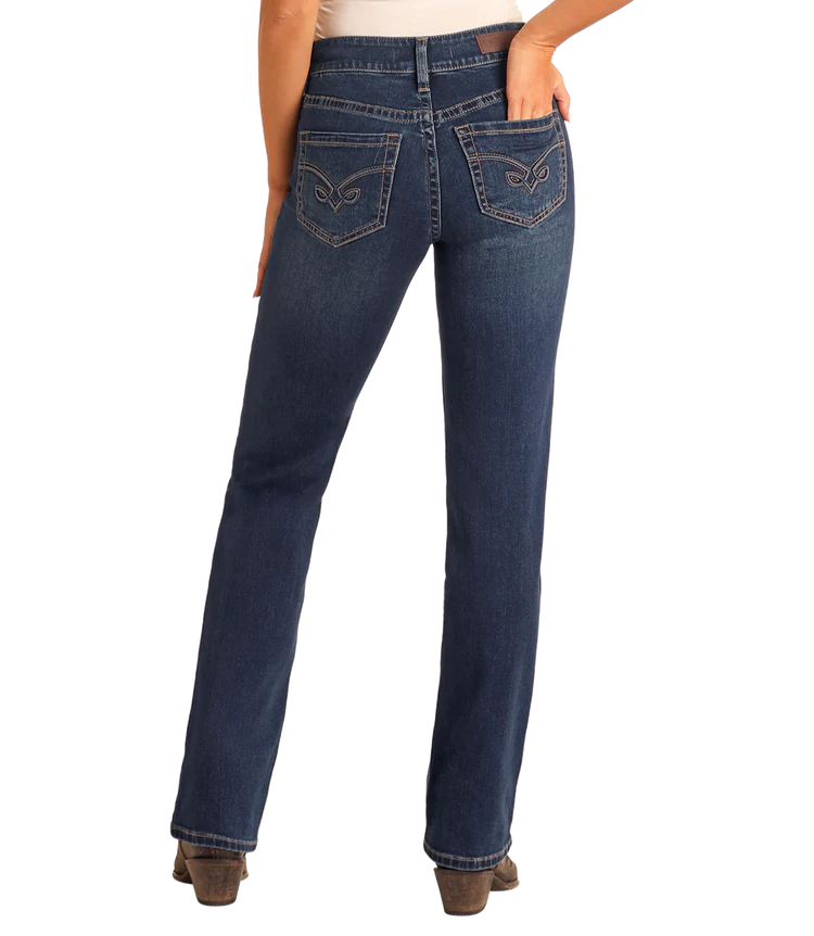 ROCK & ROLL ARROW EMBROIDERED HIGH RISE BOOT CUT JEAN