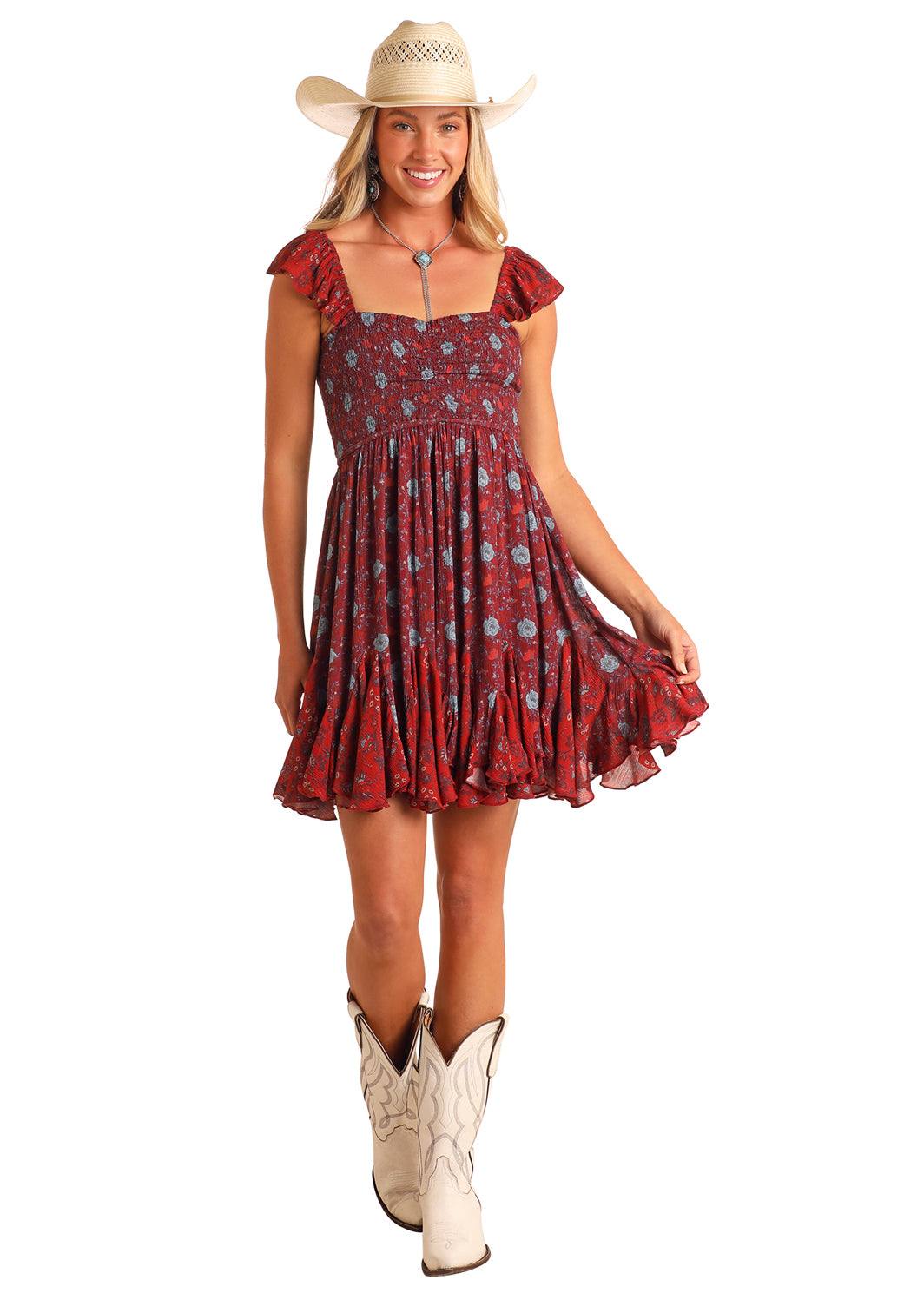 Rock & Roll Denim Women's Burgundy Smocked Floral Dress