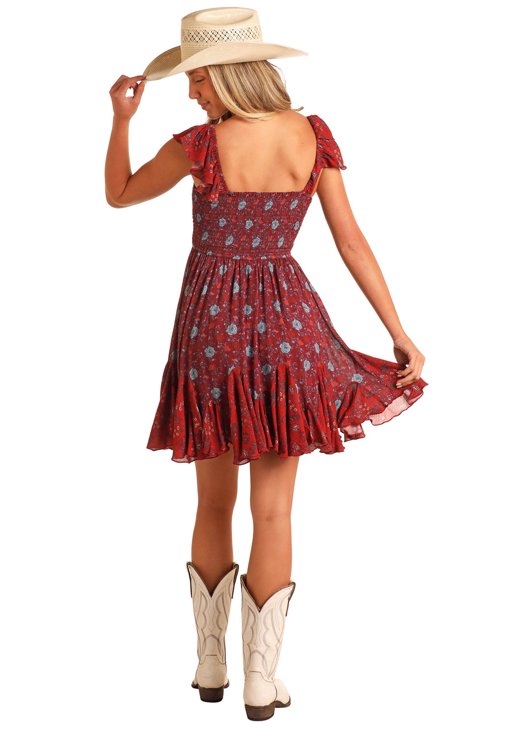 Rock & Roll Denim Women's Burgundy Smocked Floral Dress