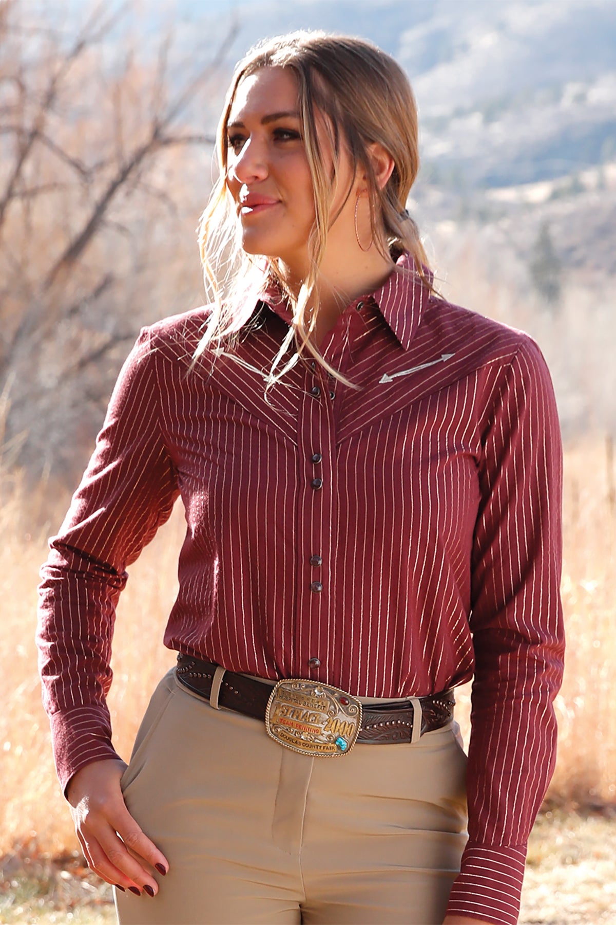 Cruel Denim Burgundy Gold Stripe Long Sleeve Shirt