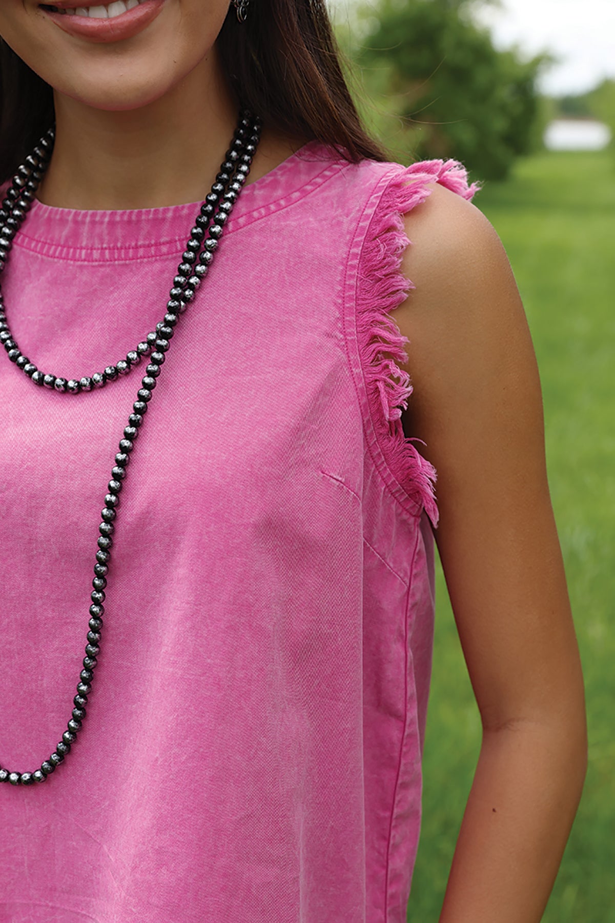 Cruel Denim Pink Mineral Wash Denim Concho Button Back Sleeveless Raw Hem Tank Top