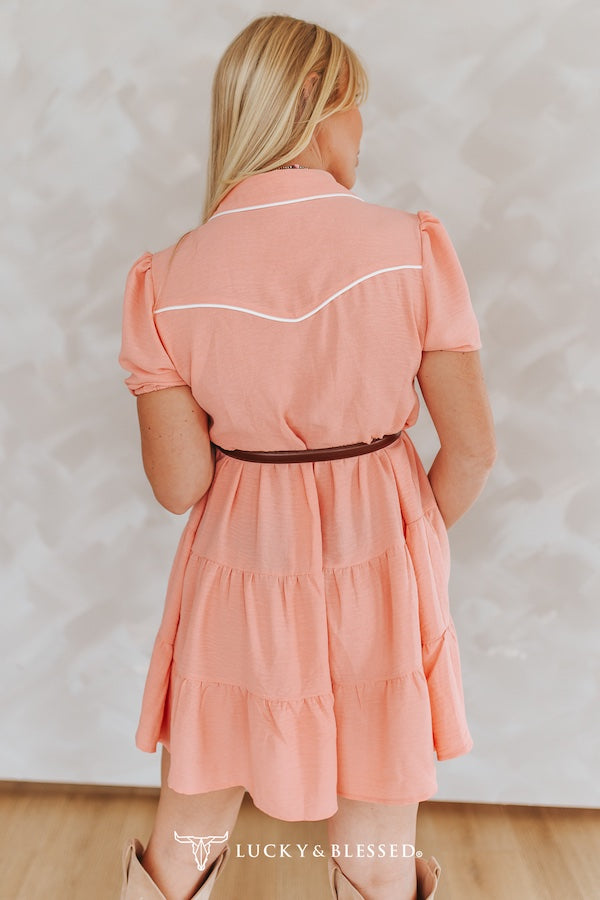 Coral Puff Sleeve Western Ruffle Tier Contrast Piping Yoke Dress