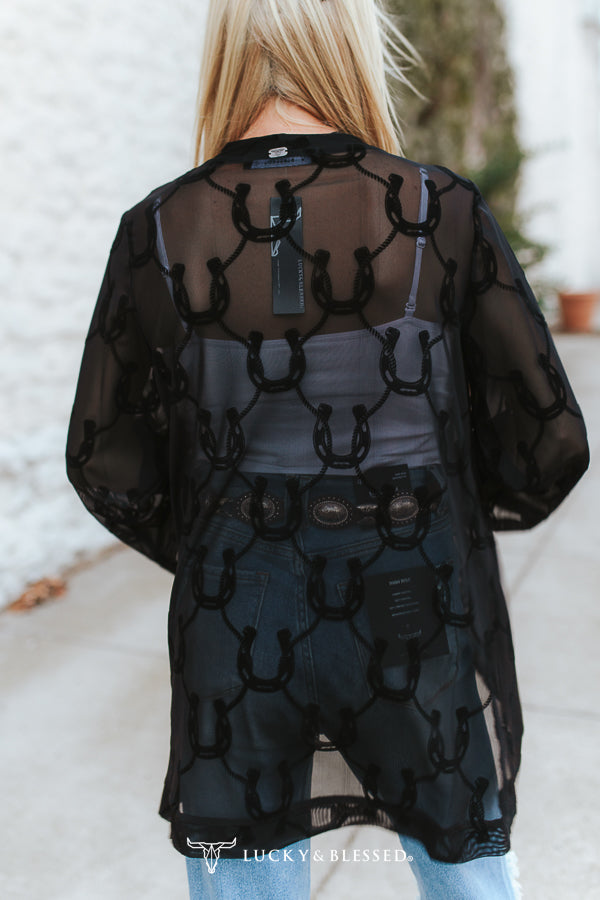 Black Horseshoe Burnout Mesh Western Kimono