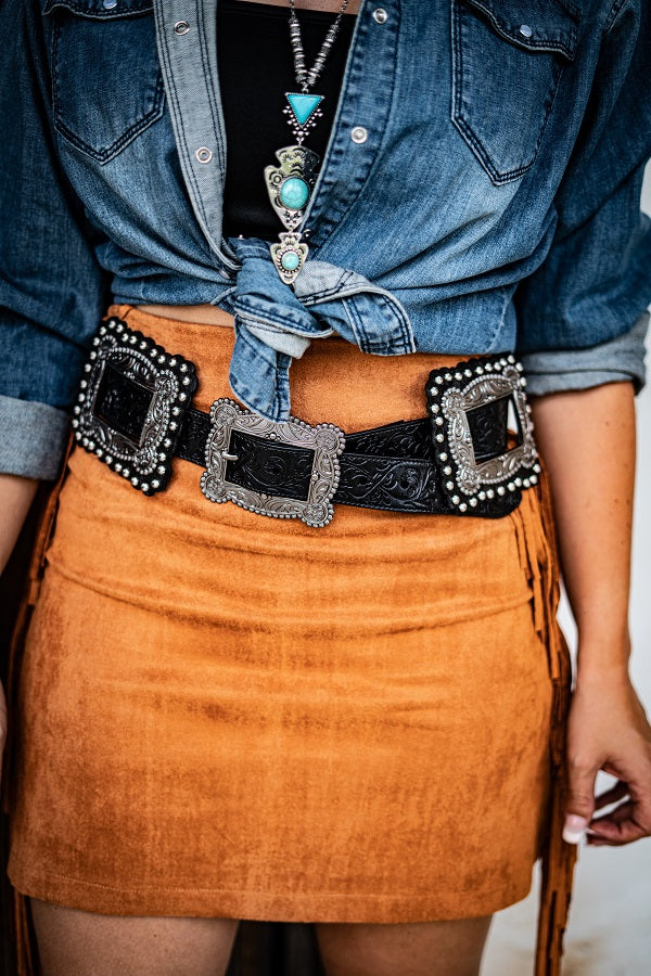 Black Tooled Square Concho Belt