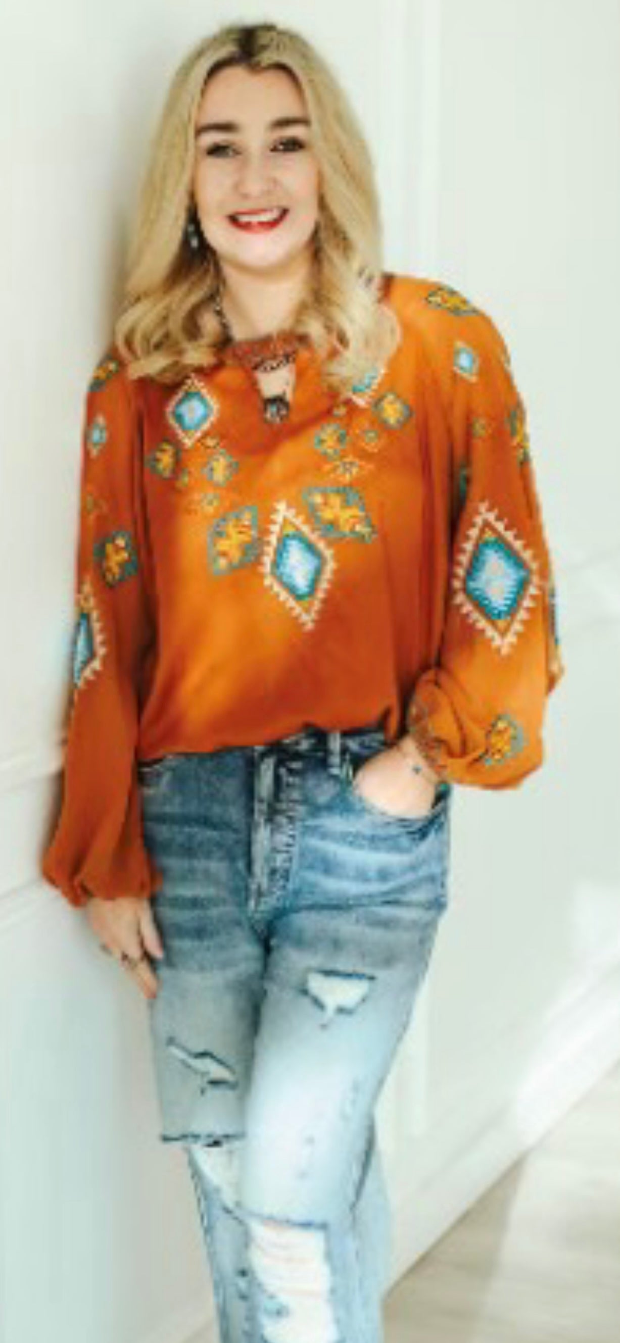 Aztec Embroidered Chiffon Keyhole Top