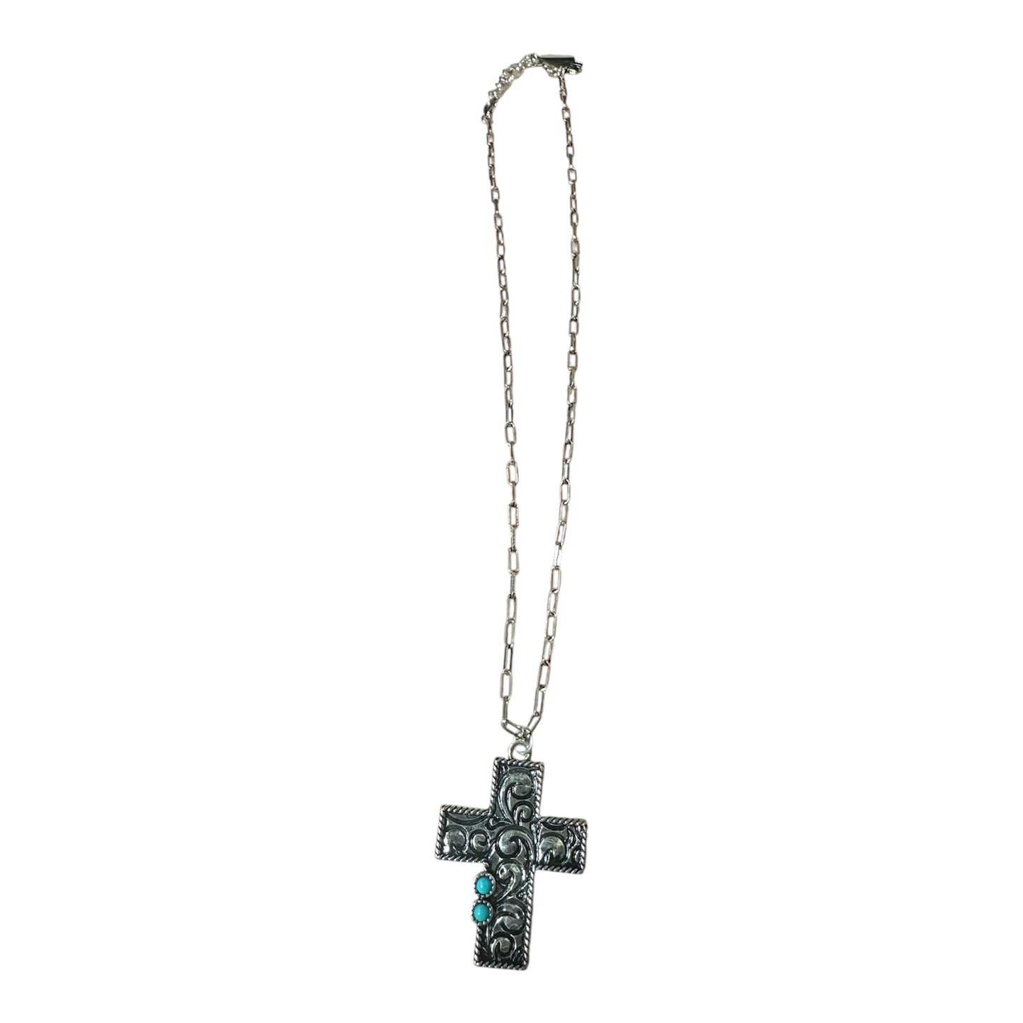 Silver Tooled Turquoise Gem Cross Necklace