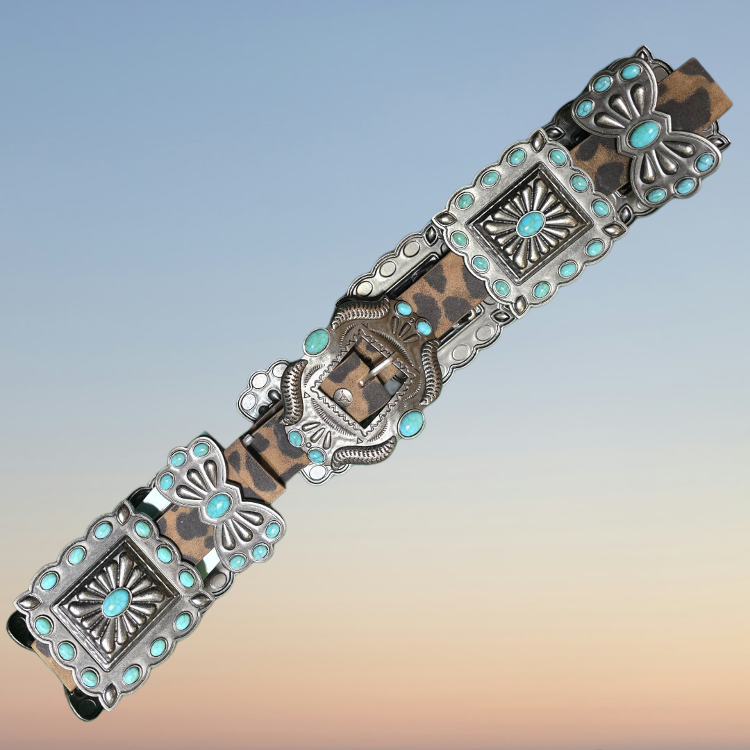 Brown Leopard Genuine Leather Turquoise Stone Ribbon Concho Belt