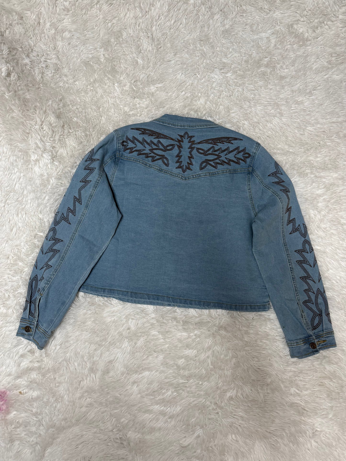 Mid Wash Denim Boot Stitch Brown Embroidery Concho Button Down Jacket