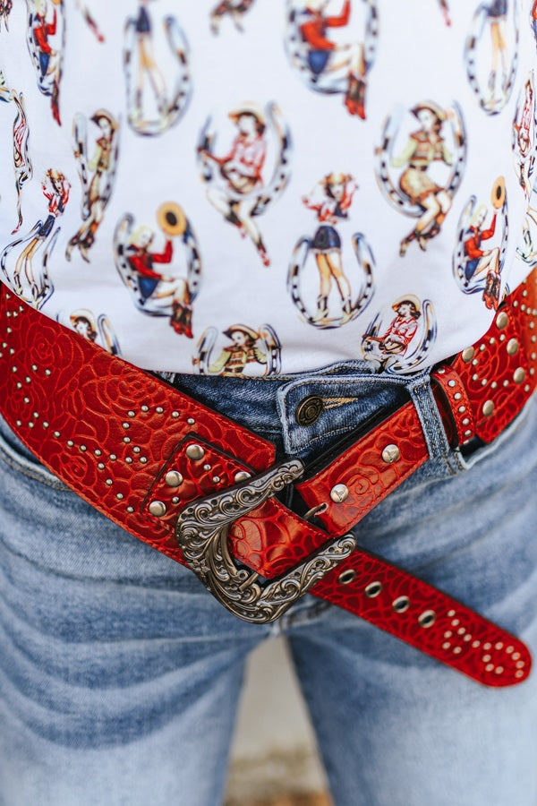 Red Tooled Genuine Leather Studded Wide Belt
