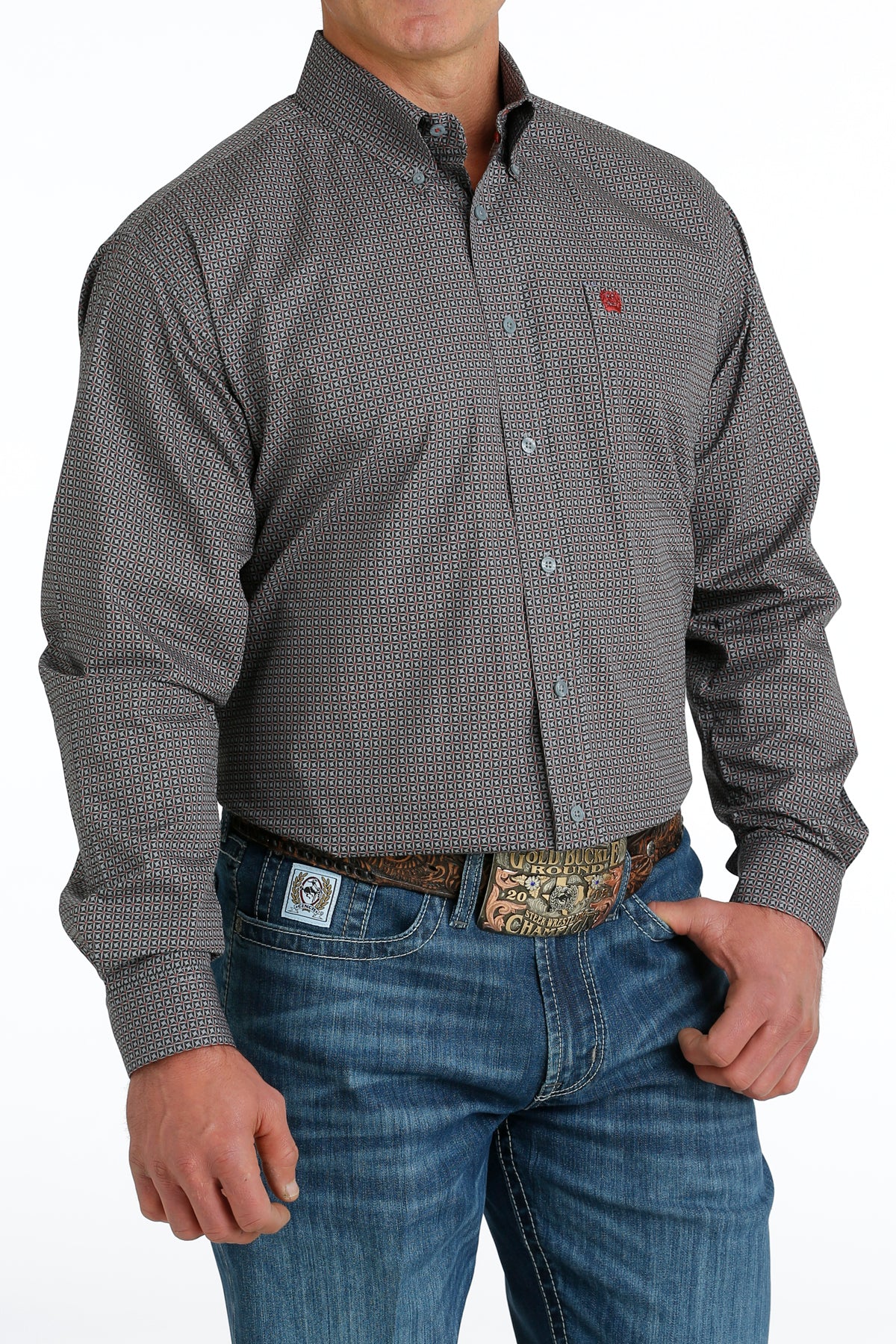CINCH GREY GEOMETRIC PRINT LONG SLEEVE SHIRT