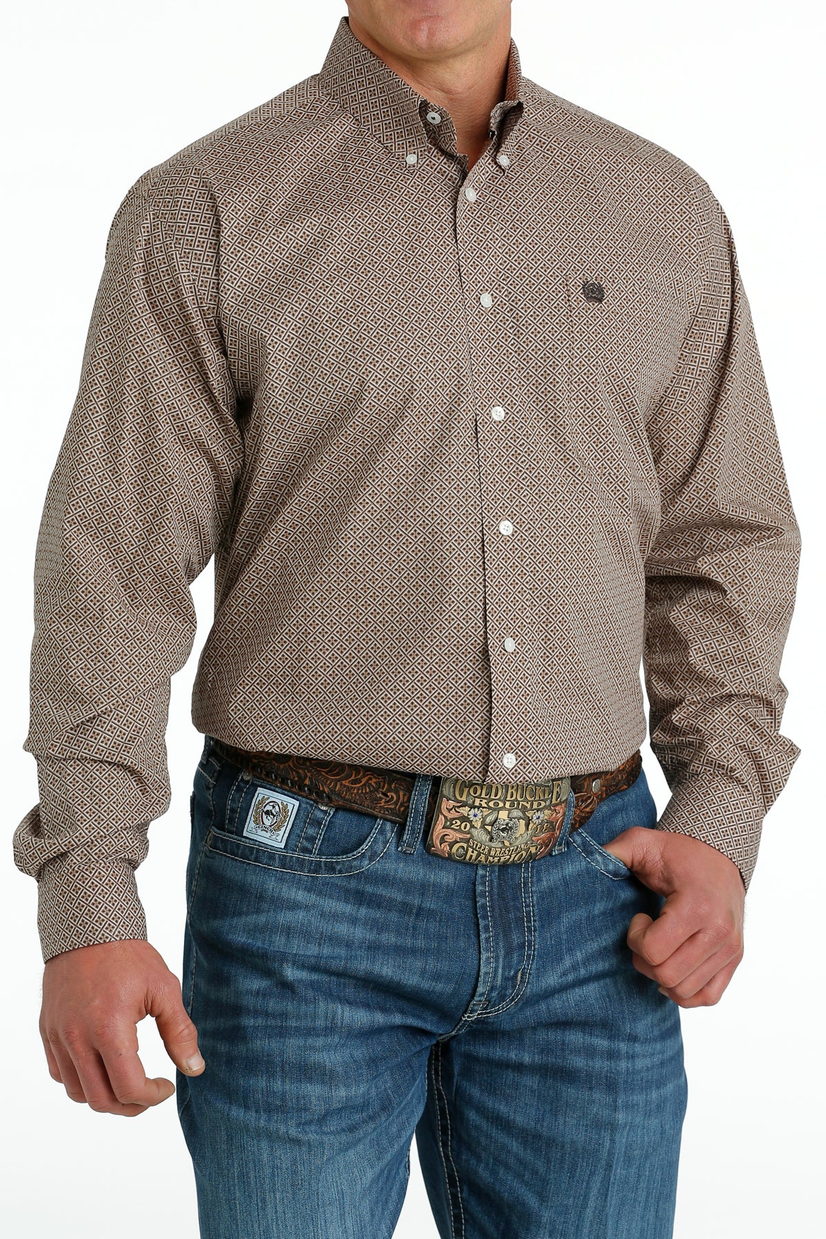 CINCH KHAKI DIAMOND PRINT LONG SLEEVE SHIRT